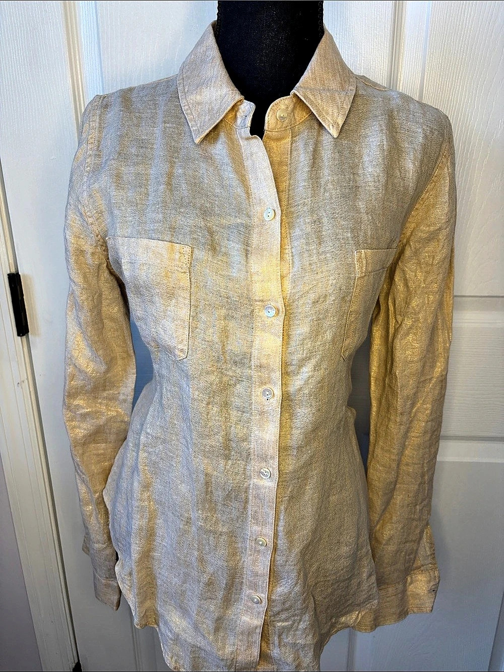 Lilly Pulitzer Sea View Linen Metallic Gold Women’s Shirt somewhat sheer size Me
